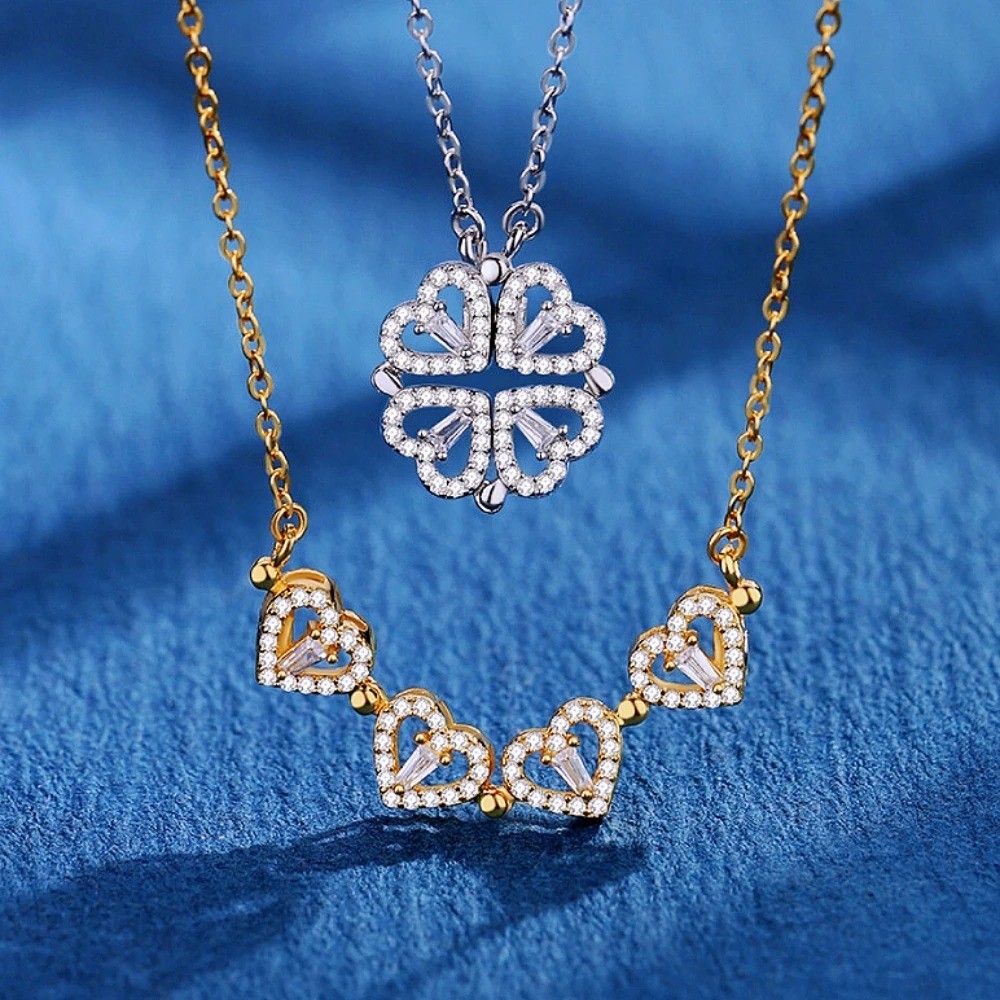 Four Leaf Clover Magnetic Folding Convertible Heart Pendant Necklace