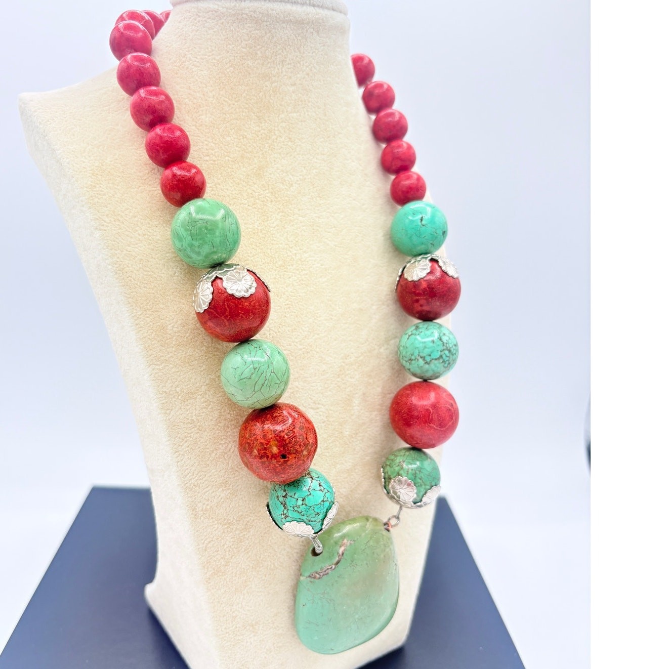 Chunky Coral & Turquoise Color Statement Necklace w Large Green Stone Pendant