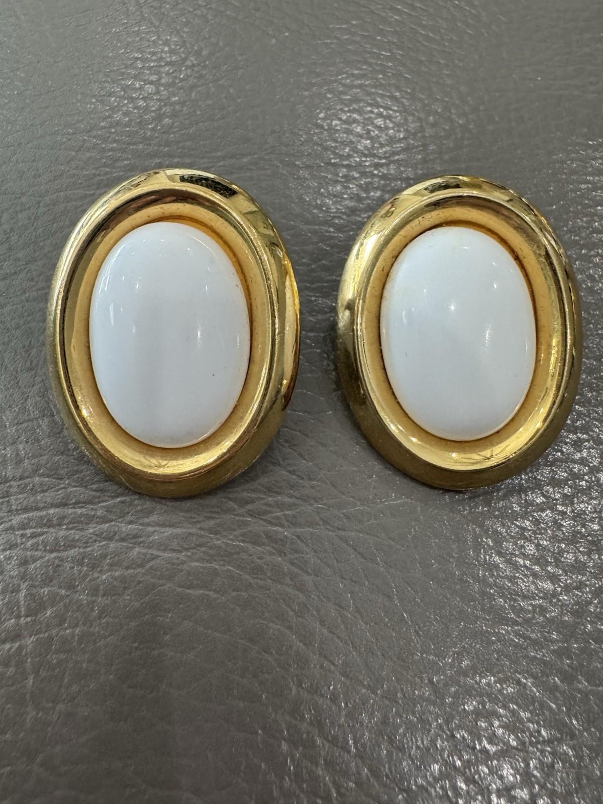 Vintage Monet Gold White Oval Post Earrings