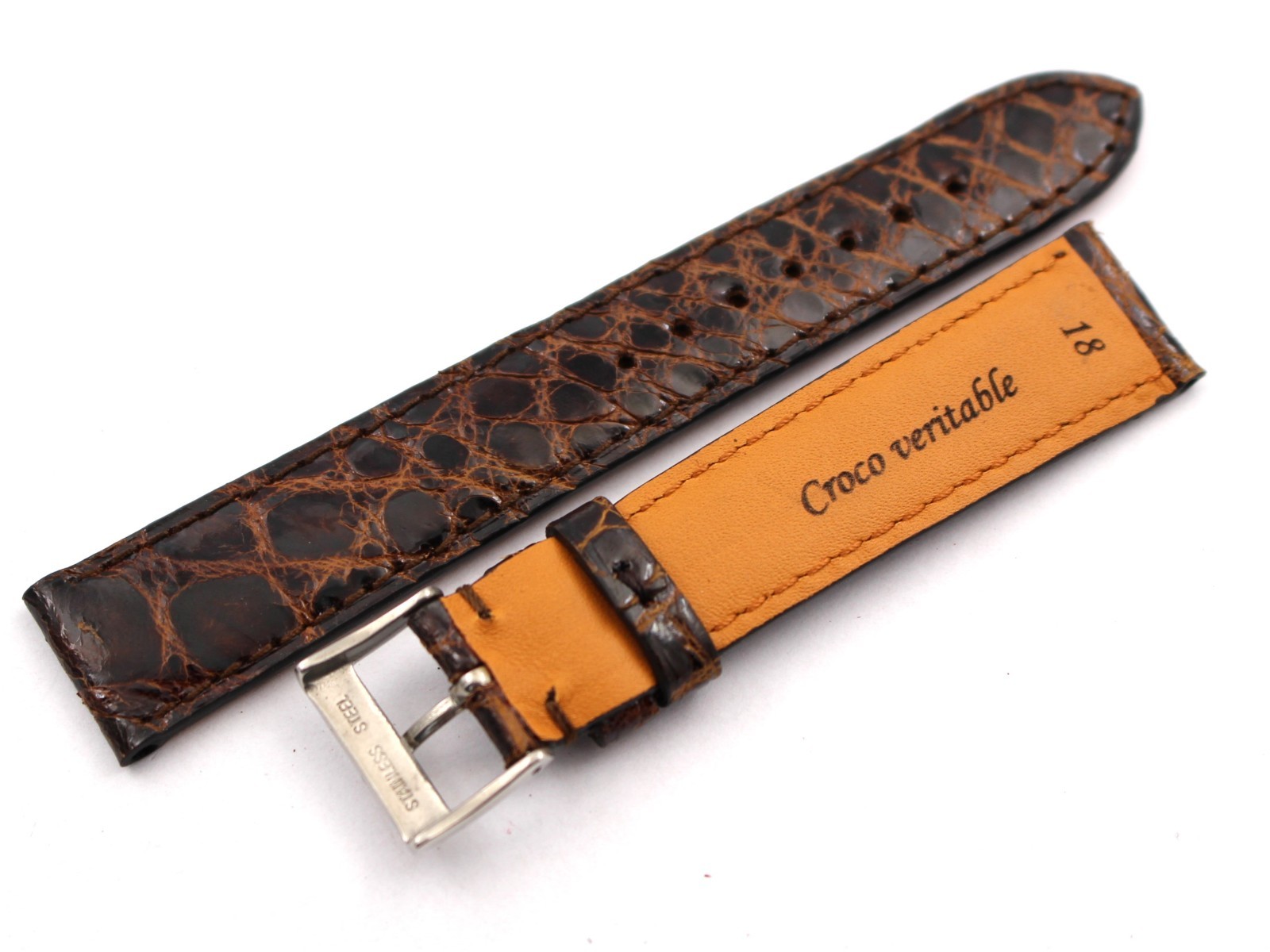Genuine Crocodile Leather Strap Shiny Brown 18/16mm Steel Buckle New Top
