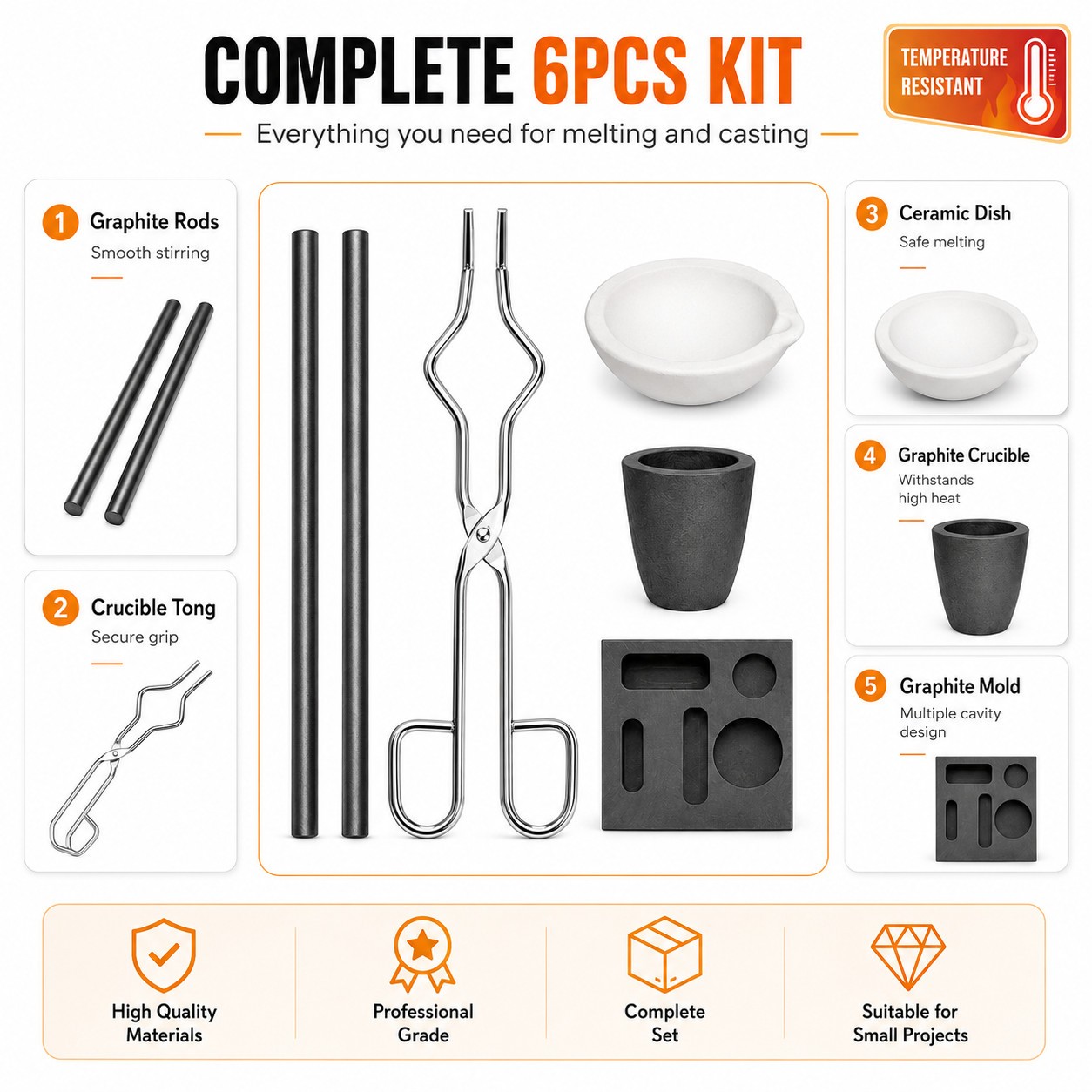 6Pack Metal Melting Refining Kit Graphite Mold Crucible Tongs Rods Copper