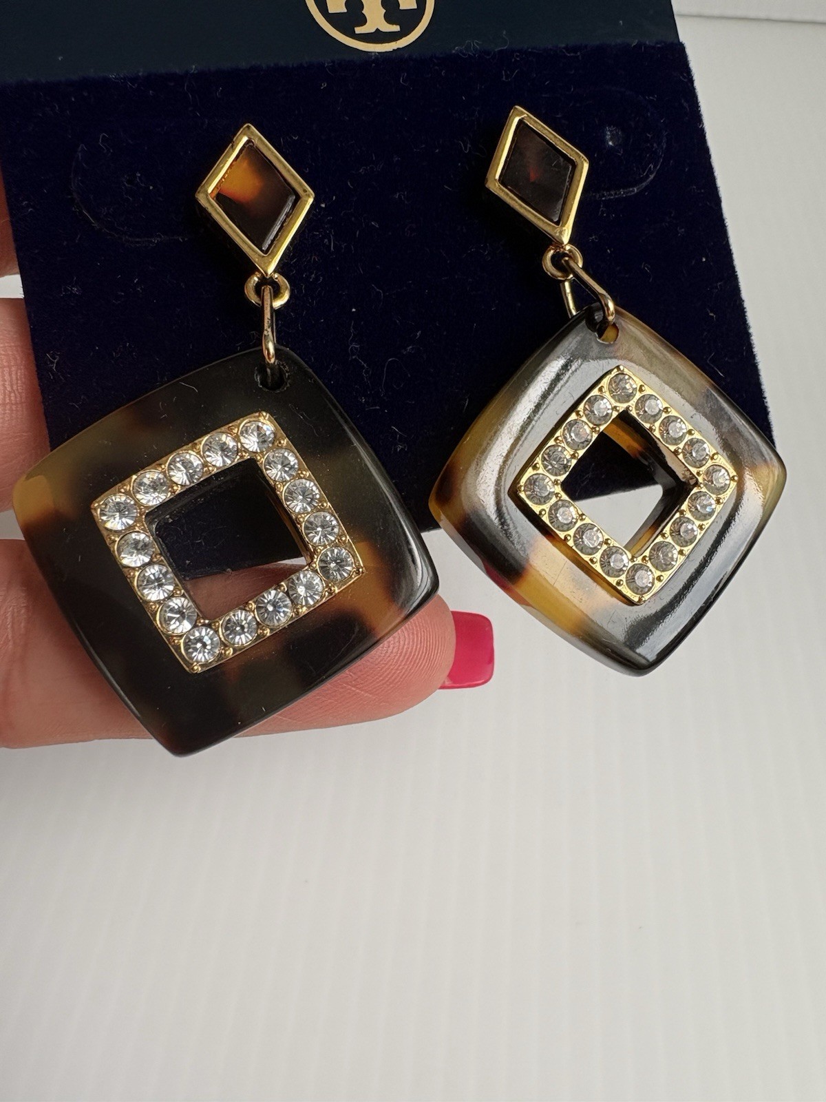 Tory Burch earrings In tortoiseshell square pendant With Crystal Halo NWT