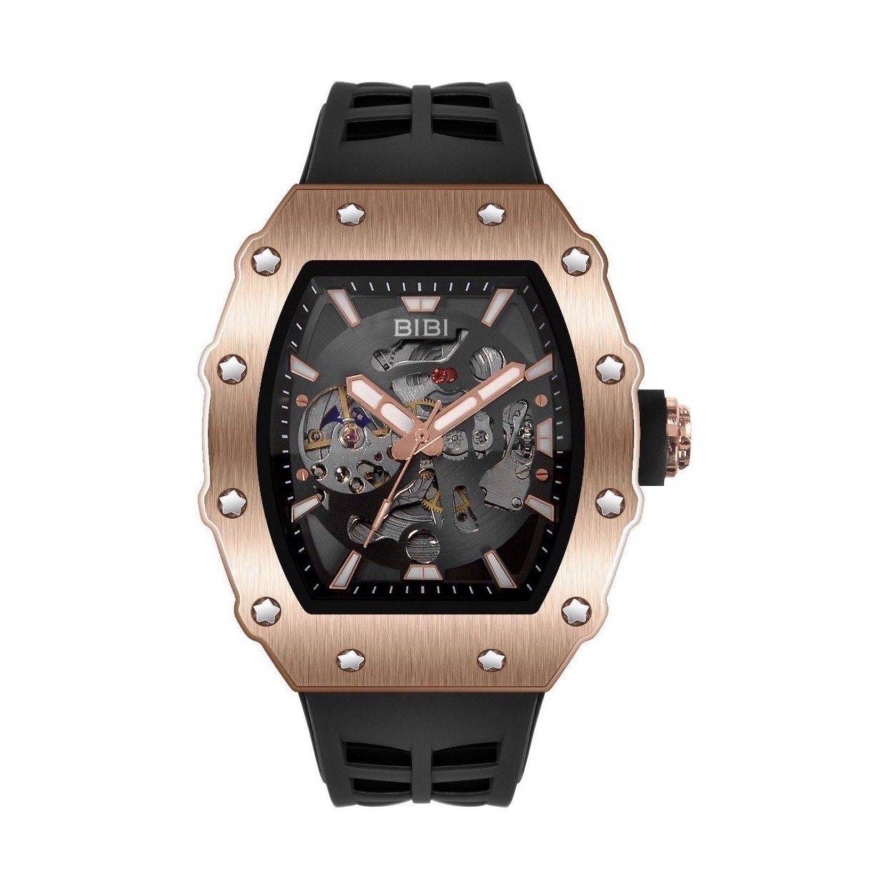 BIBI Automatic Skeleton Rose Gold Black Rubber Strap Men’s Watch Box & Papers