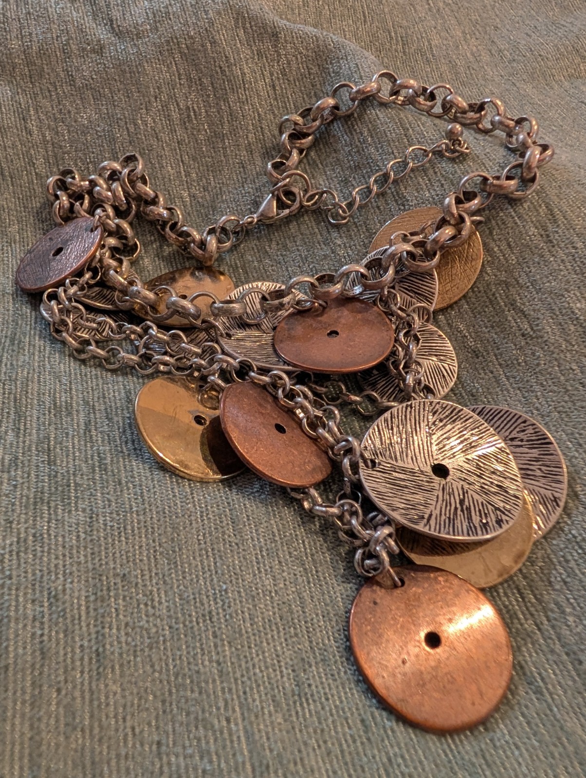 Statement Multi-Tone Disc Dangle Bib Necklace Silver Copper Gold Adjustable