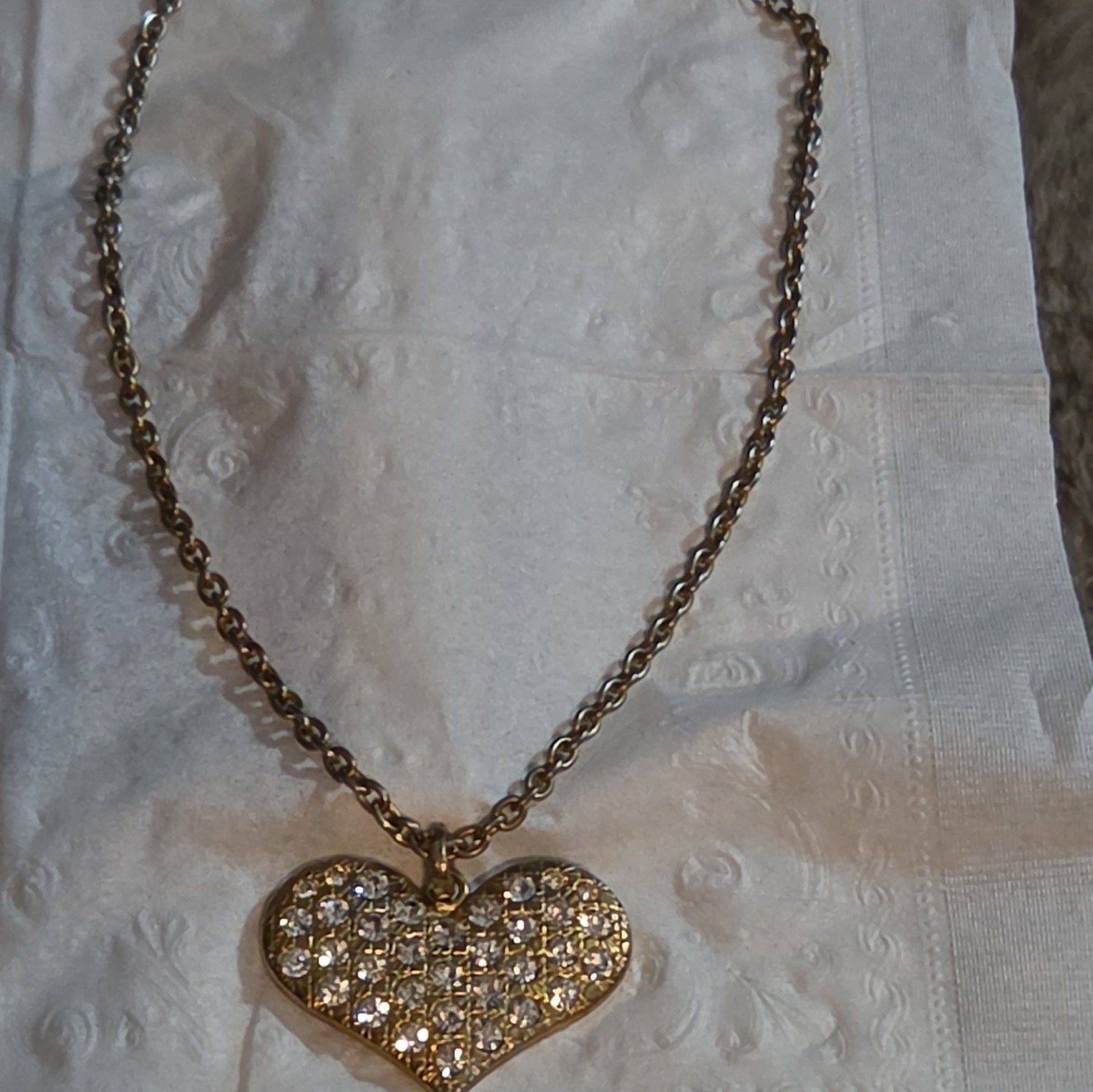Vintage Betsey Johnson Puffy Heart Pendant Necklace Gold Tone Clear Crystal Pave