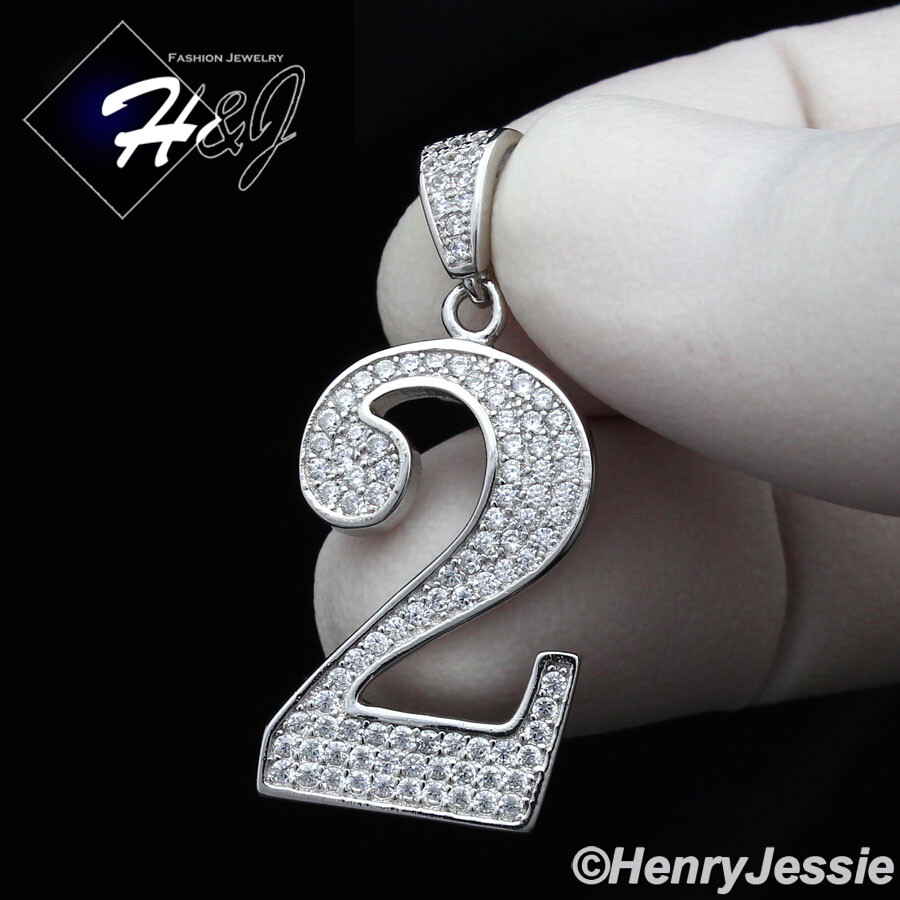 MEN WOMEN SOLID 925 STERLING SILVER ICY BLING CZ SILVER NUMBER”2″ PENDANT*SP179