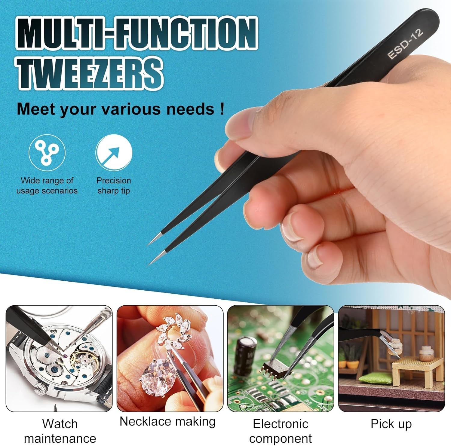 Precision Tweezers10Pcs Set, Upgraded Anti-Static Stainless Steel Tweezers with