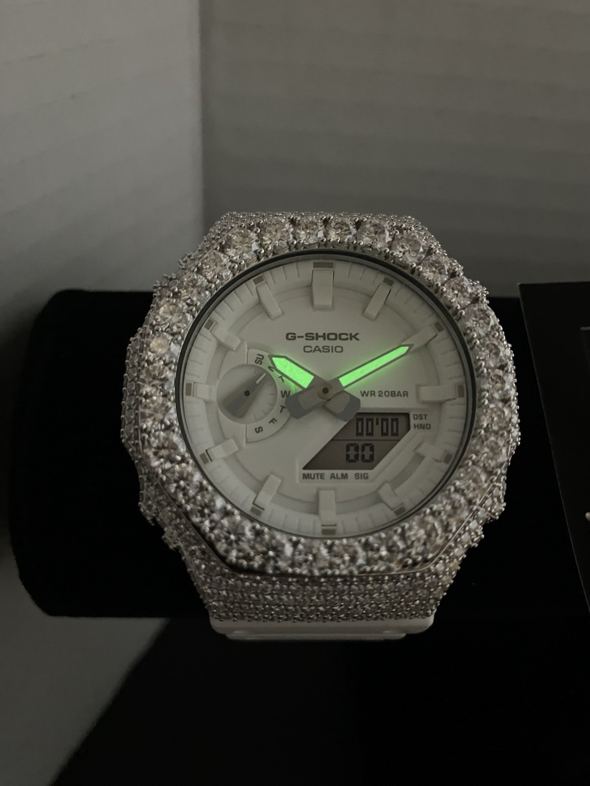 Casio G-SHOCK GA-2100-7A7ER + Custom Moissanite Bezel White Dial Watch