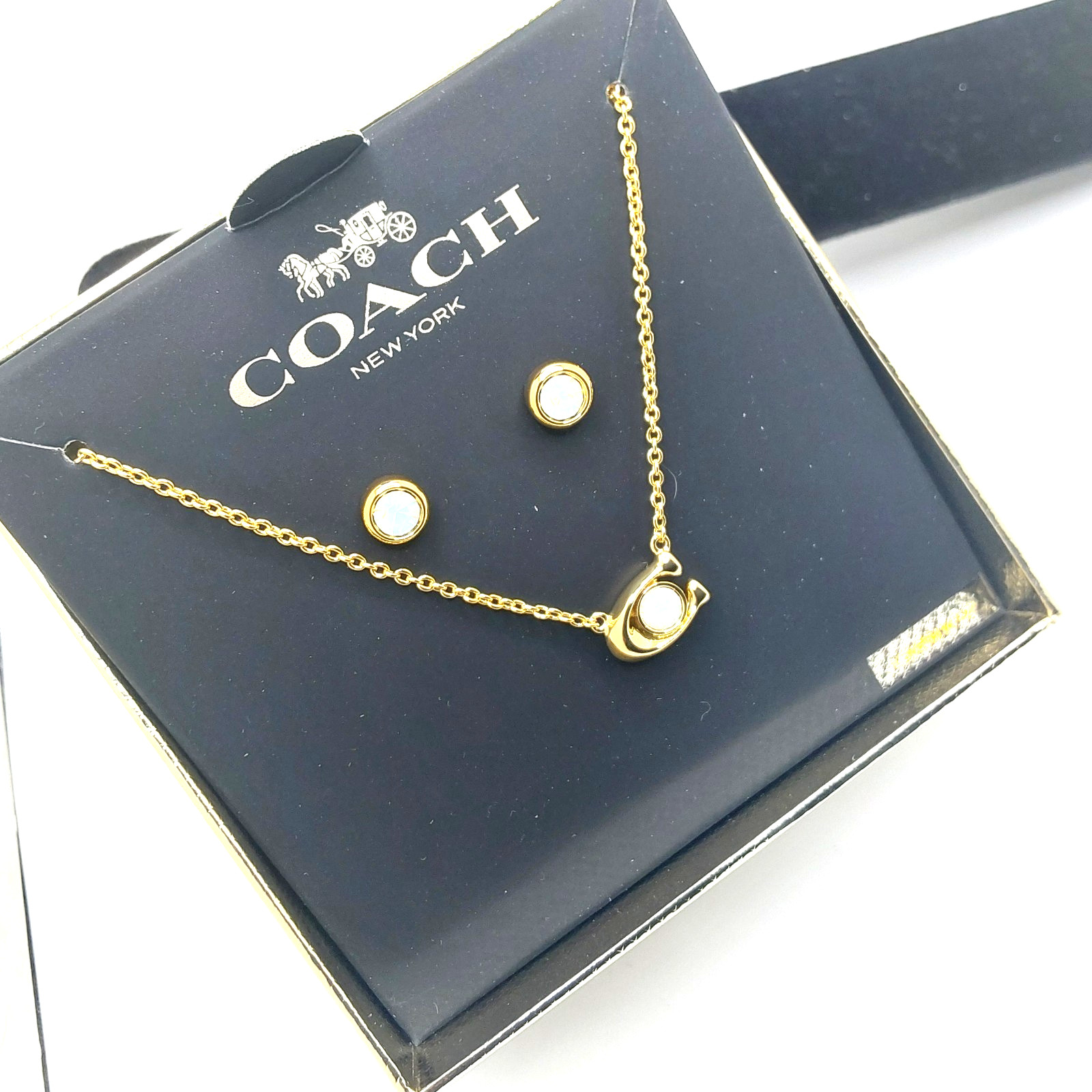 Coach New York Gold Tone Logo/Faux Pearl Accent Pendant Necklace & Earring Set