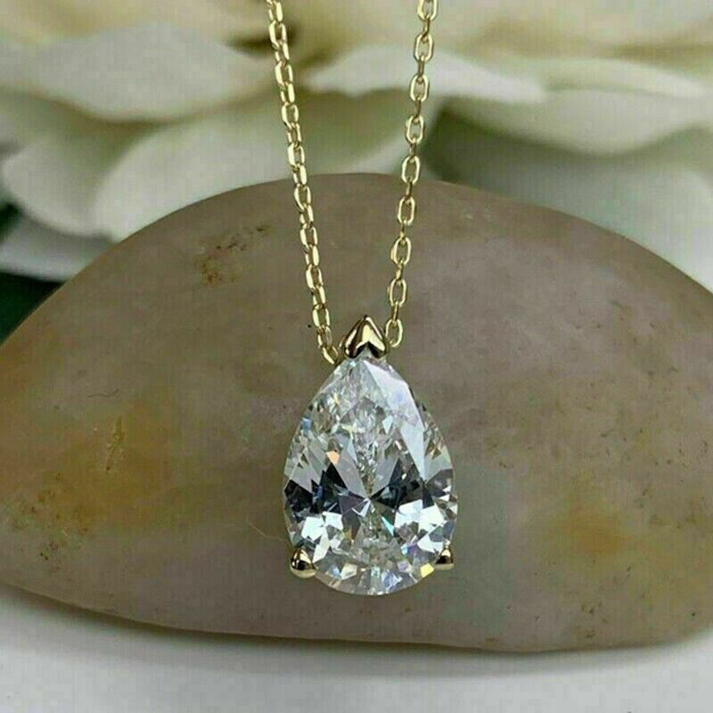 2Ct Pear Cut Lab-Created Diamond Solitaire Pendant Chain 14K Yellow Gold Plated