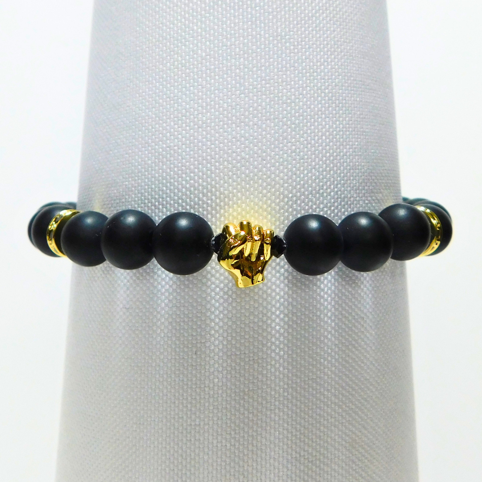 18K Yellow Gold Filled Matte Black Onyx Power Fist Bracelet Protest Jewelry Luxe
