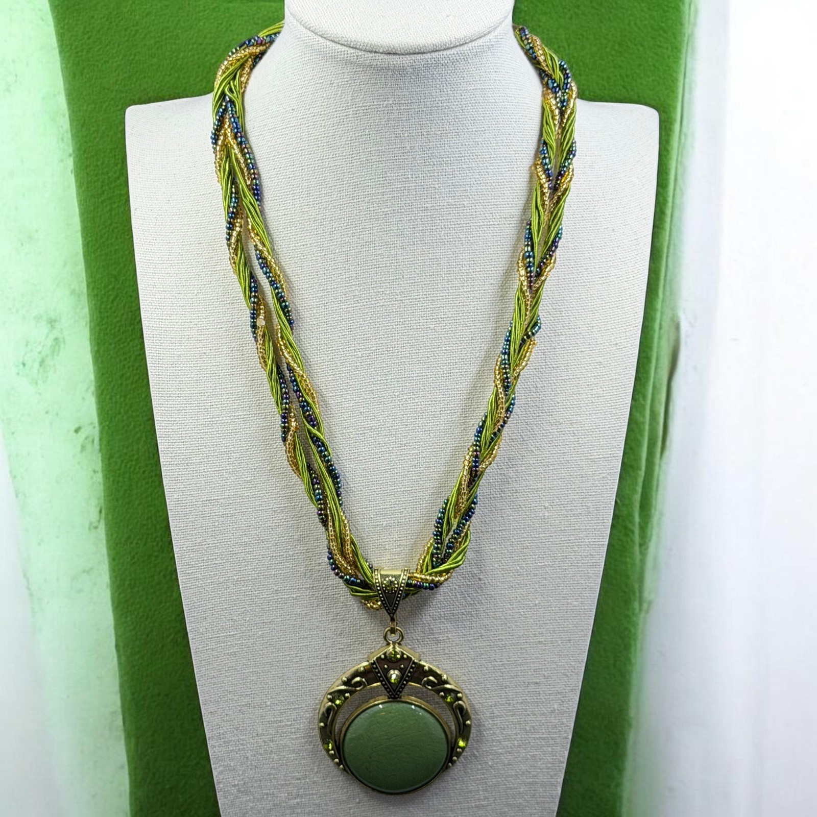 Boho Necklace Green Beaded Multi Strand Pendant Vintage Style Cottagecore 20″