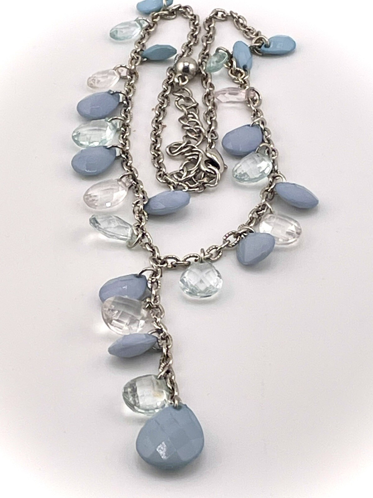 Sliver Tone Necklace With Blue and Crystal Beads ￼18 Inch. AB-2