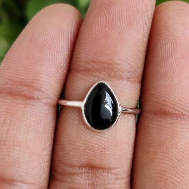 Handmade Black Onyx Ring 925 Silver Natural pear gemstone Stacking Women Rings