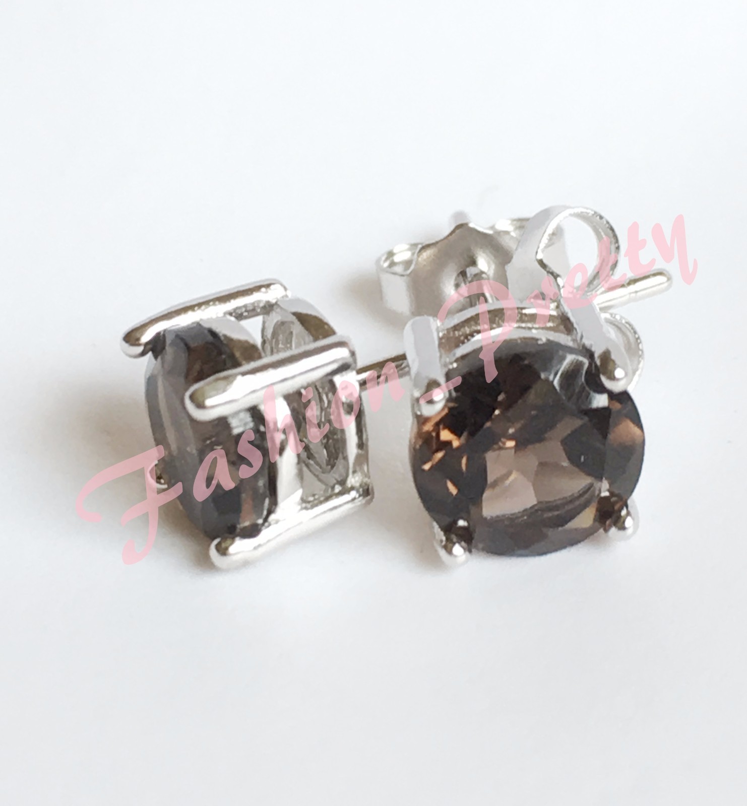 Pretty 2ct-Smoky Quartz -Round-Gemstone-Stud Earrings-In-925-Sterling-Sliver-FS
