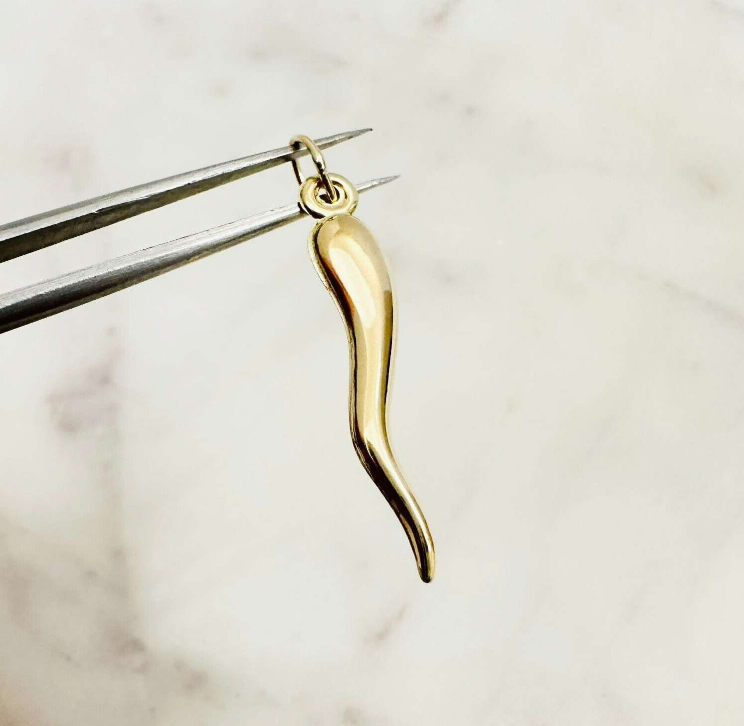 14K Solid Yellow Gold Polished Italian Horn Lucky Charm Pendant 28x4mm, 1.1″