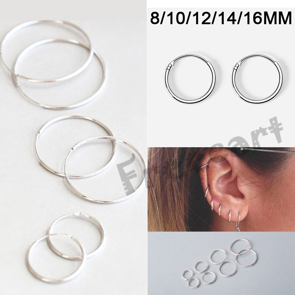 Elegant 925 Sterling Silver Hoop Earrings for Women Men Jewelry 8 10 12 14 16MM