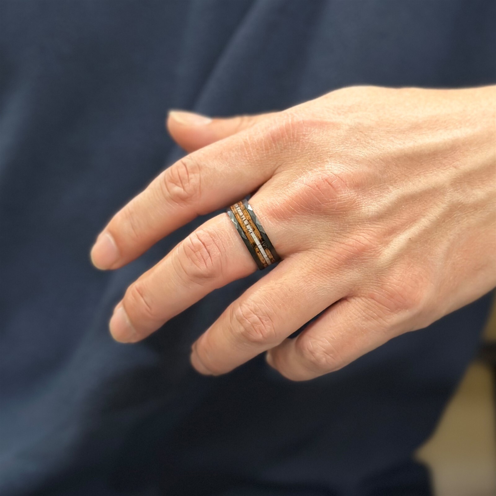 Black Tungsten Carbide Mens Ring Deer Antler Charred Whiskey Barrel Wedding Band