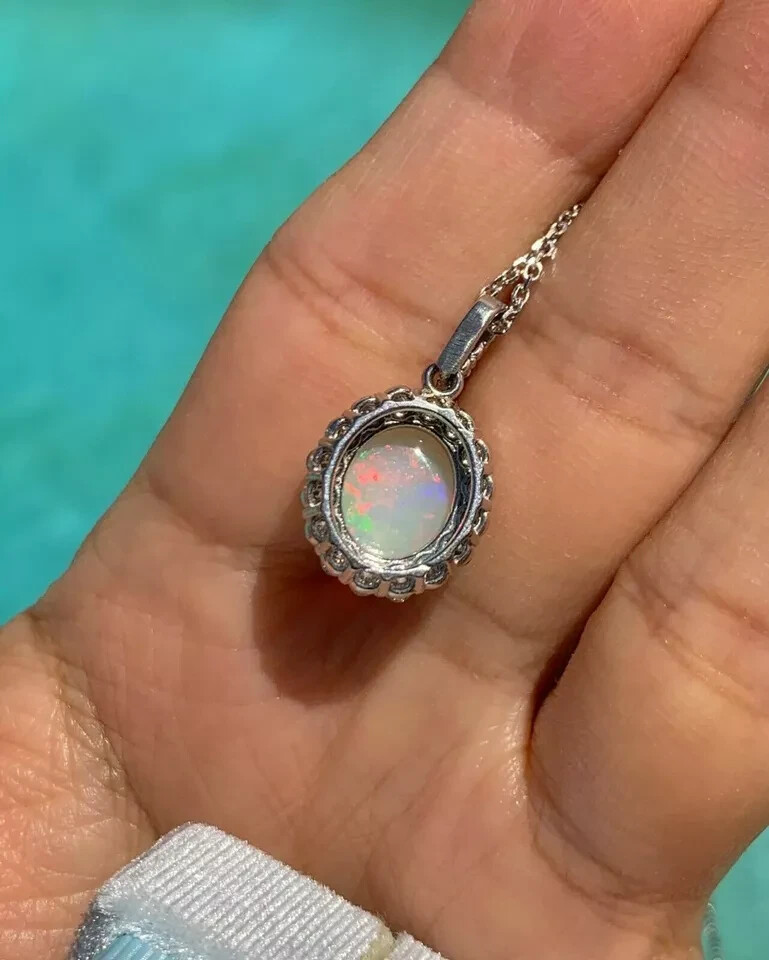 2Ct Oval Cut Fire Opal & Diamond Halo Pendant 18K White Gold Finish Free Chain