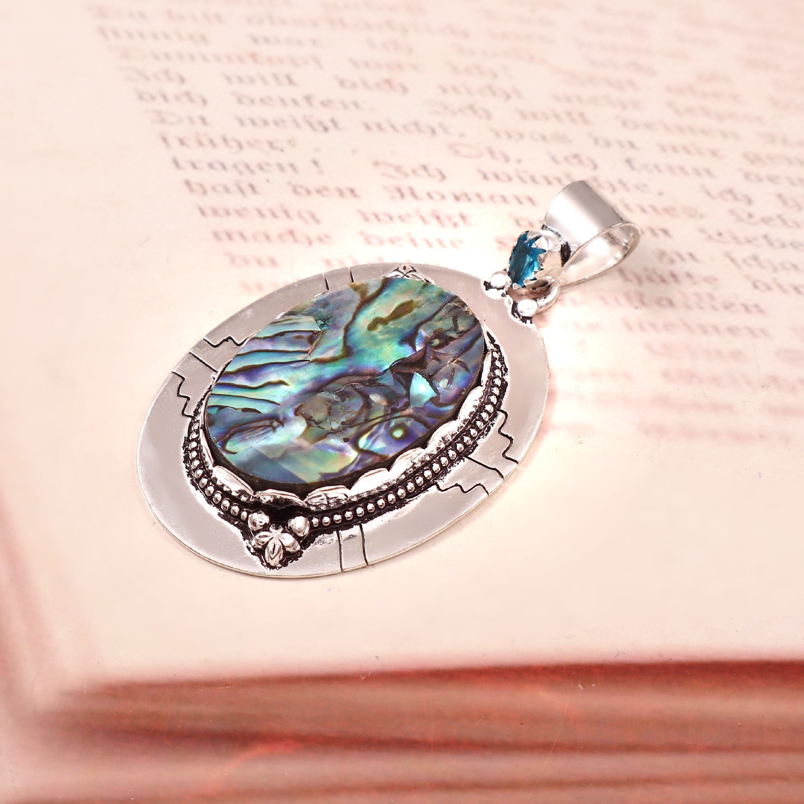 Abalone Shell & Blue Topaz Pendant 925 Sterling Silver Handmade Necklace