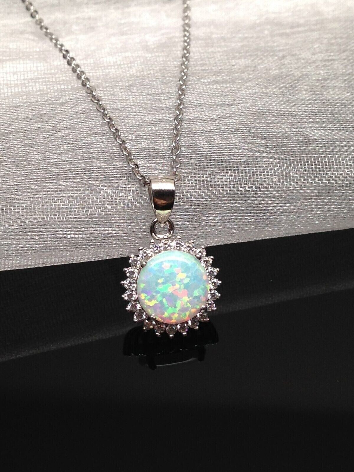 925 Sterling Silver White Opal Halo Round Pendant Necklace Women 10mm(7.8mm)
