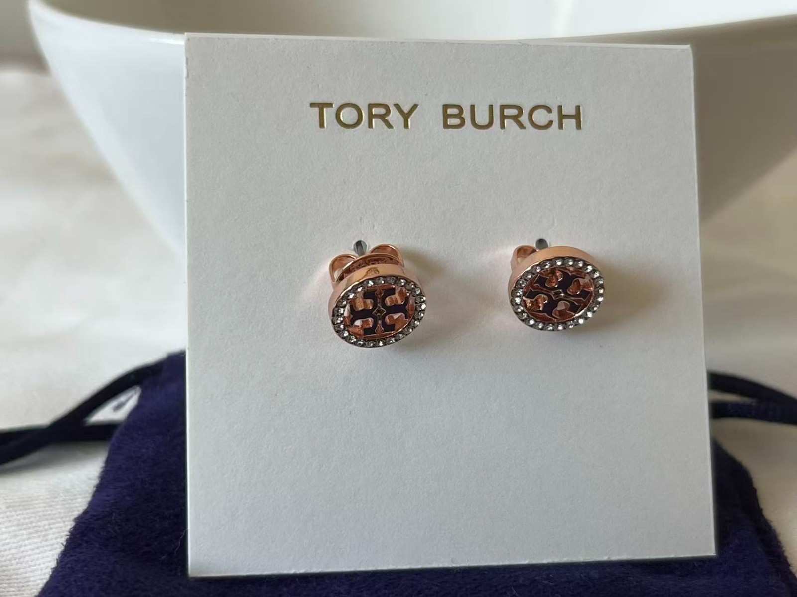 Authentic Tory Burch Miller Pave Stud Earrings Rose Gold
