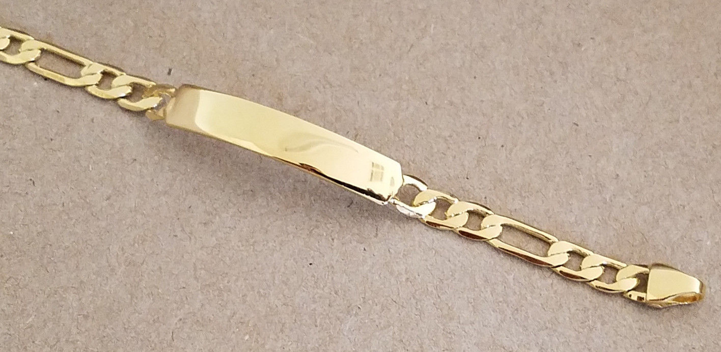 Baby Girl’s Boy’s Plain ID Bracelet Figaro Chain Yellow Gold Plated 5in Long