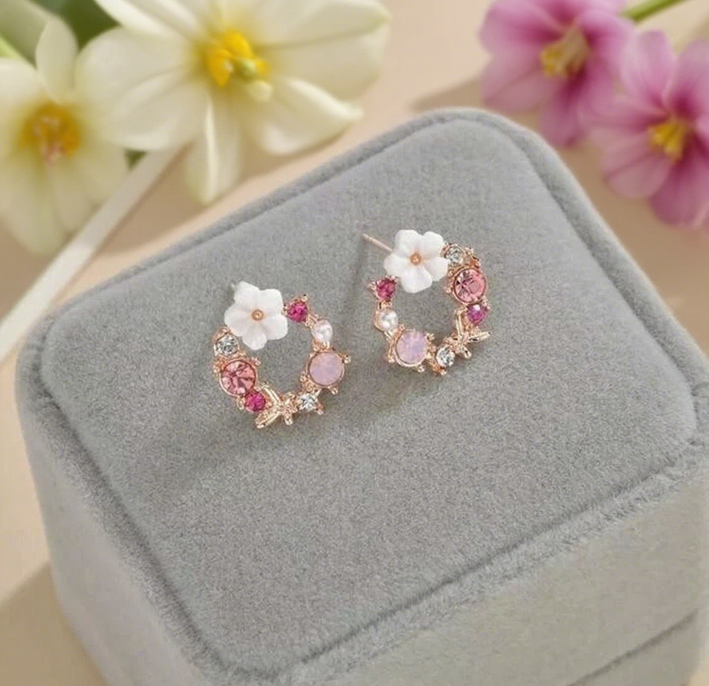 Natural Pearl Crystal Flower Post Earrings Rose Gold Butterfly Stud Earrings