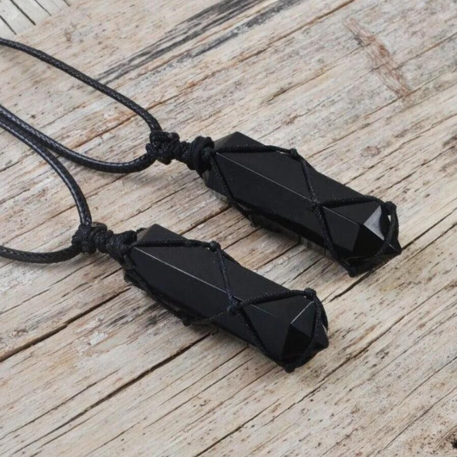 Natural Black Obsidian Crystal Pendant Necklace for Spiritual Balance Protection