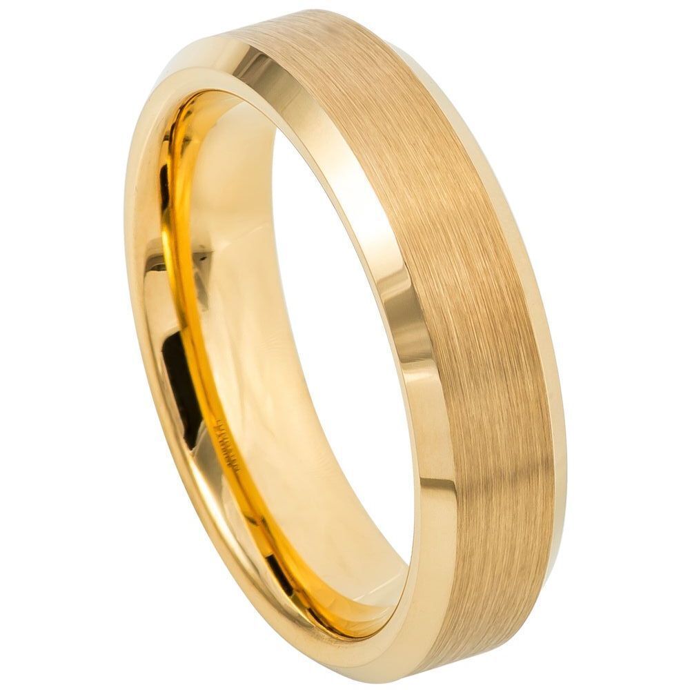 Tungsten Ring Unisex Brush Polish Yellow Gold IP Plated Center Shiny Bevel Edge