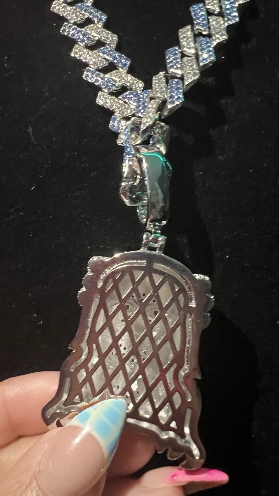 22” iced out 5ACZ blue & silver Cuban w Jesus pendant full iced