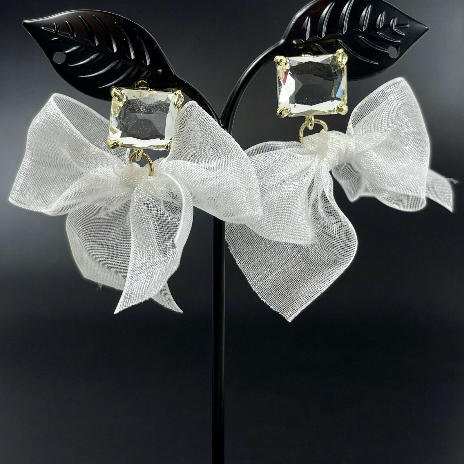 New UYN UYN Design/Korea 925 Post GoldTone Earrings Glass Stone Sheer Ribbon Bow