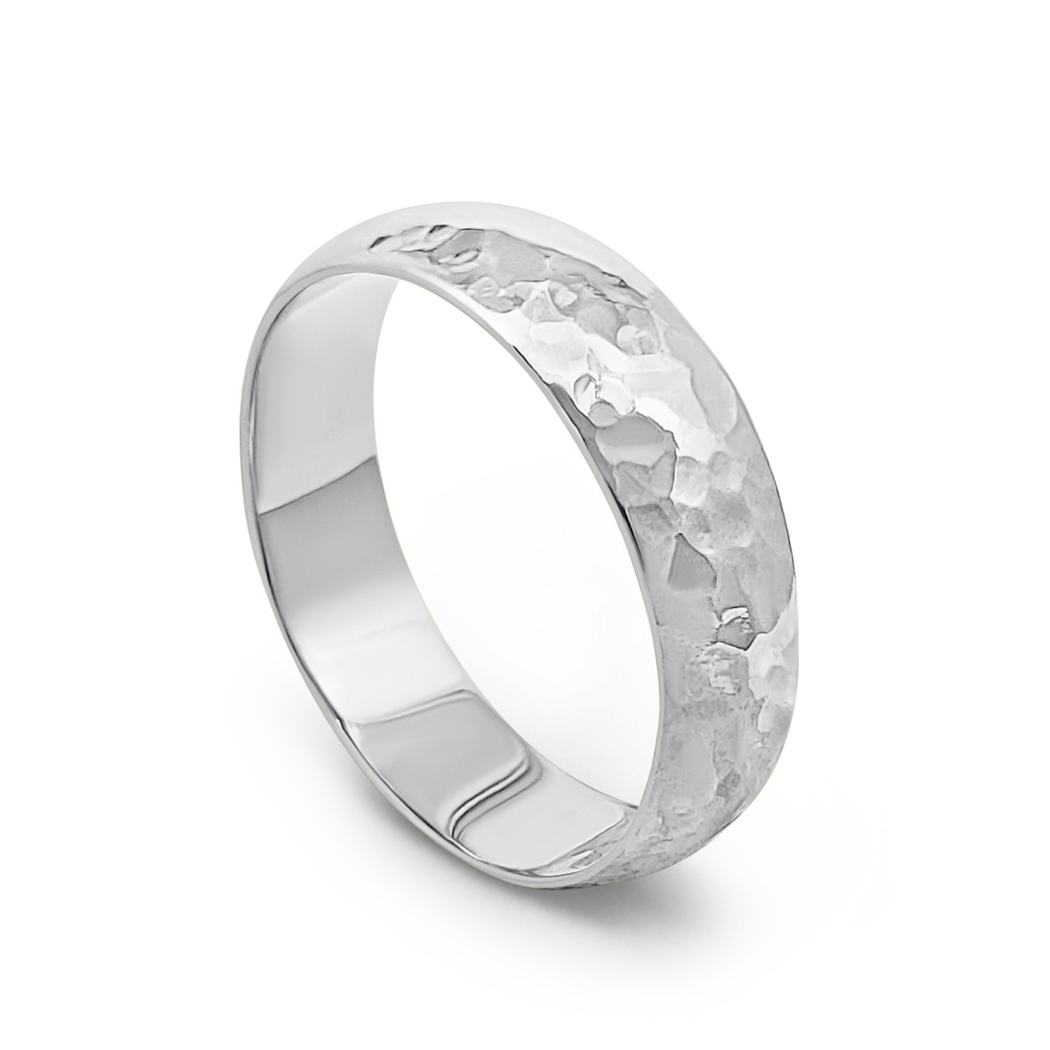 Solid 18K White Gold Hammered Ring, Handmade 5mm Hammer Texture Wedding Band