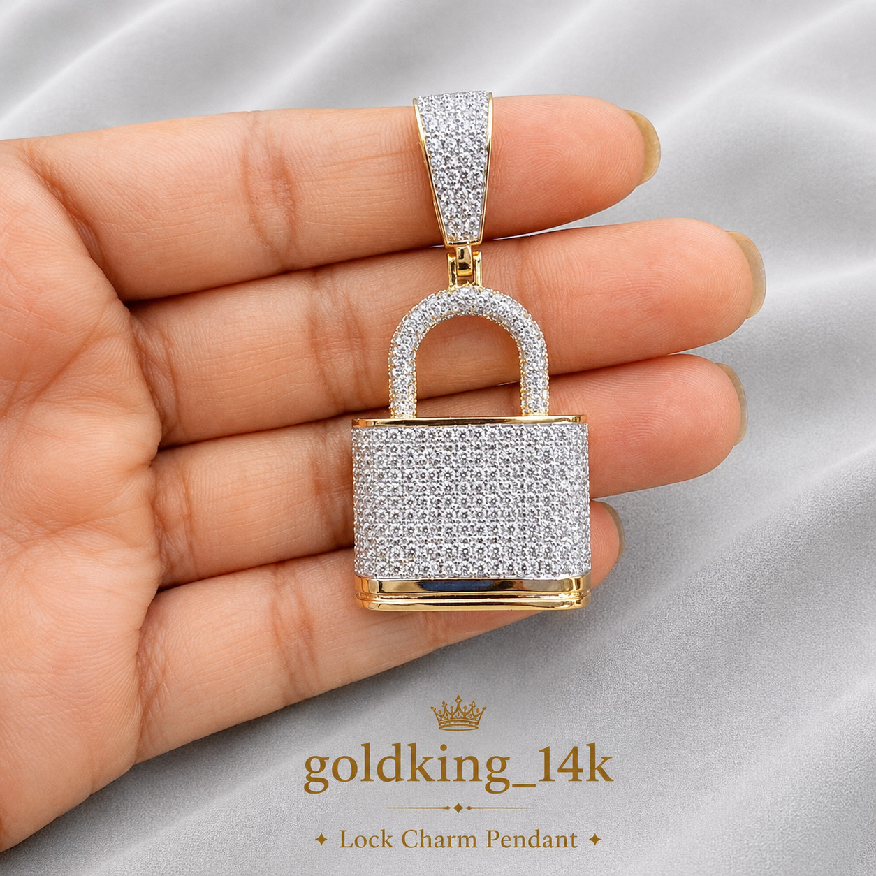 Lock Charm 3 Inch Pendant simulated Diamond 14K Yellow Gold Plated 925 Silver