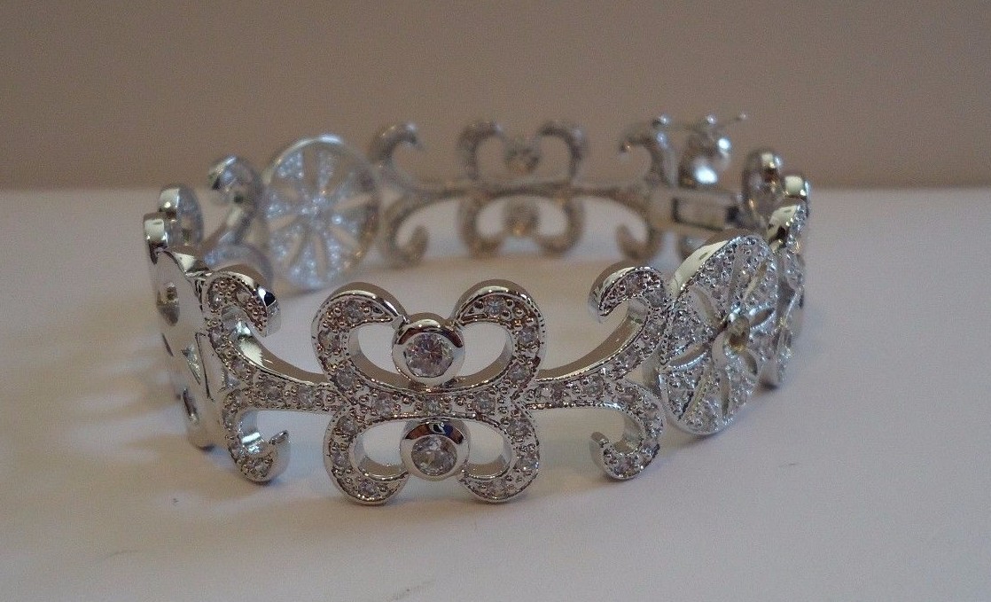 WHITE GOLD OVER 925 SILVER FLOWER DESIGN ITALIAN BRACELET LAB CREATED DIAMONDS