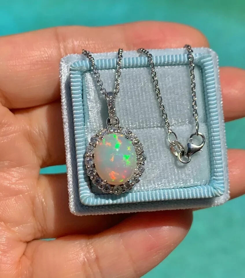 2Ct Oval Cut Fire Opal & Diamond Halo Pendant 18K White Gold Finish Free Chain