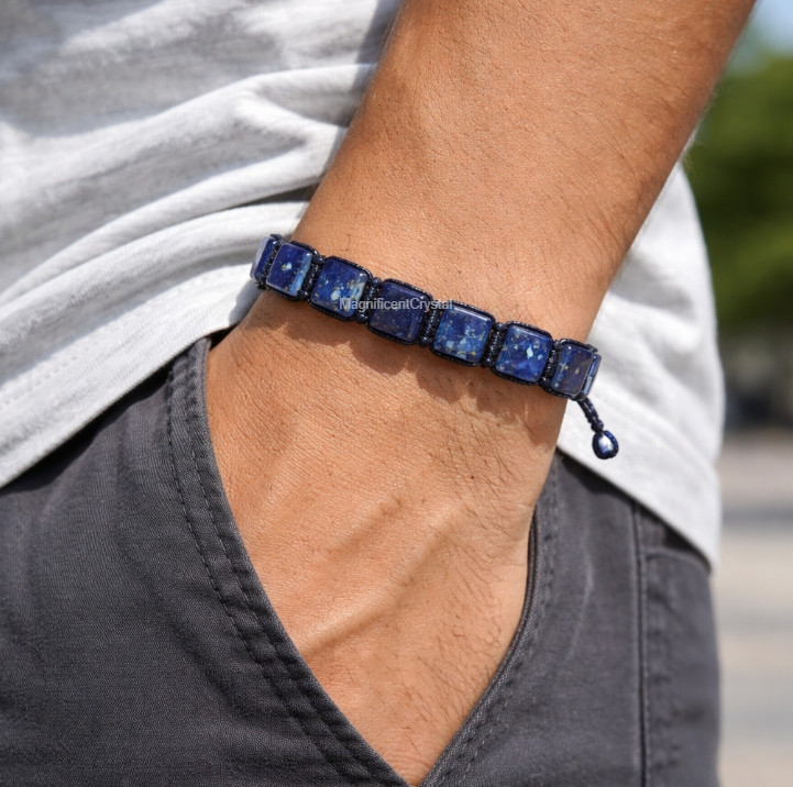 Natural Lapis Lazuli Square Bead Men Bracelet Blue Crystal Energy Healing Gift