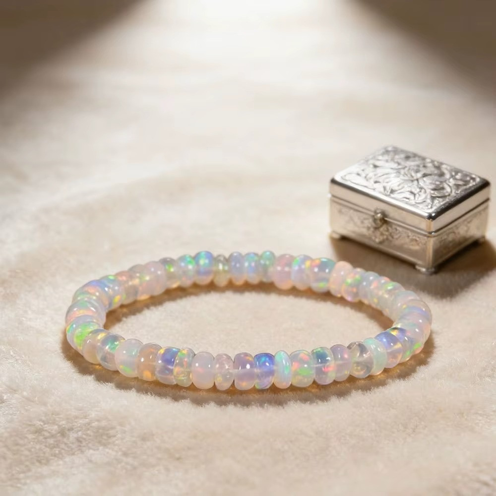Natural Ethiopian Opal Beaded Bracelet 18cm Stretch Elastic Crystal Jewelry