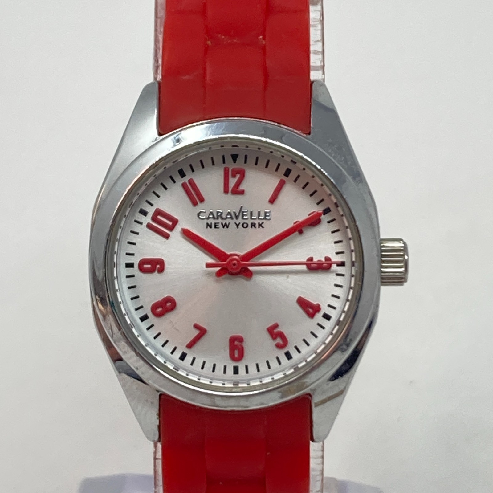 Caravelle Watch Women Silver Tone 24mm Red Silicone Band New Battery 2016 8.5″