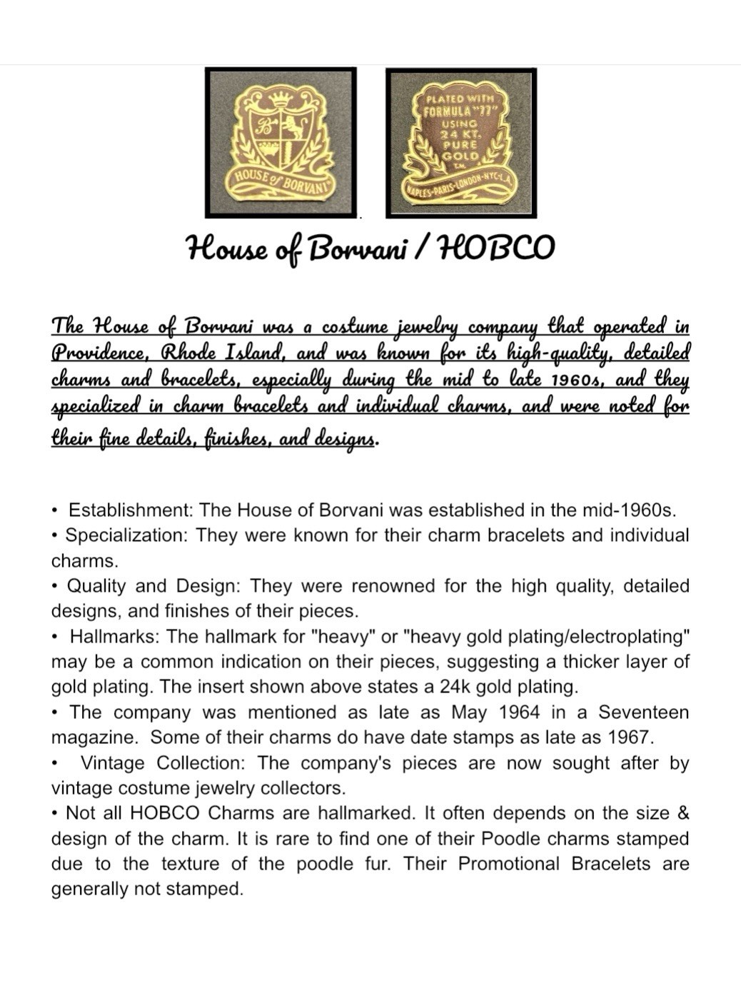 “Date to Remember” ROSE Vintage 1960s HOBCO House of Borvani for Charm Bracelet