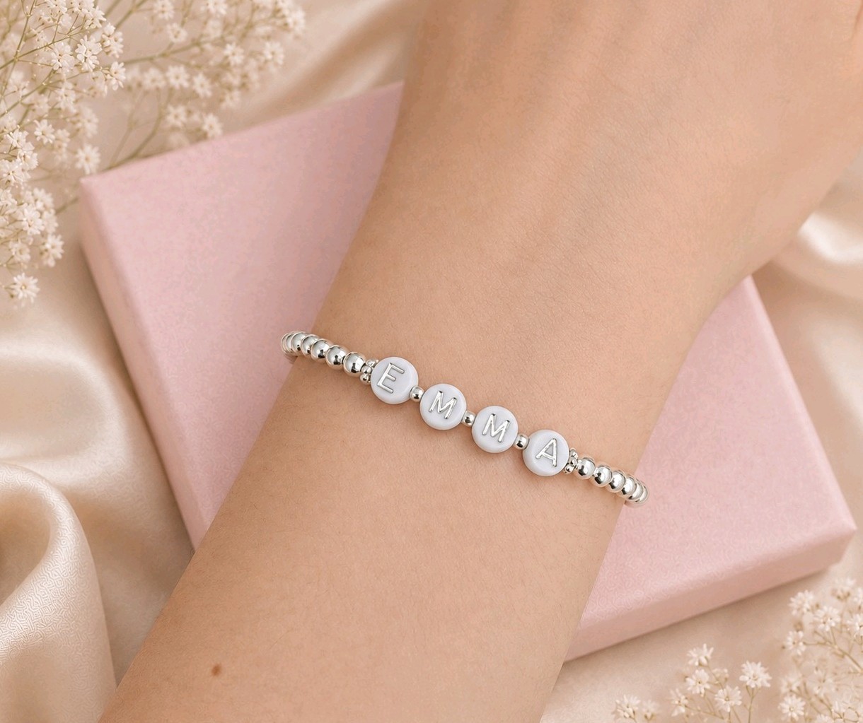 Name or Initial Bracelet Silver Beaded Stretchy Stacking Gift for Women or Kids