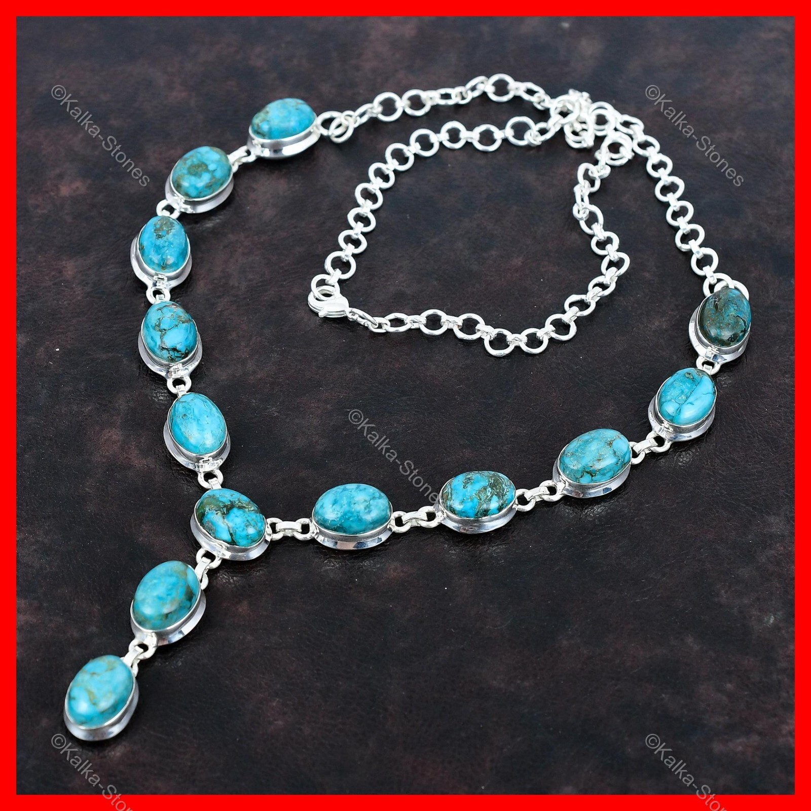 Oval Tibetan Turquoise Stone Chain Engagement Necklace Jewelry Sterling Silver