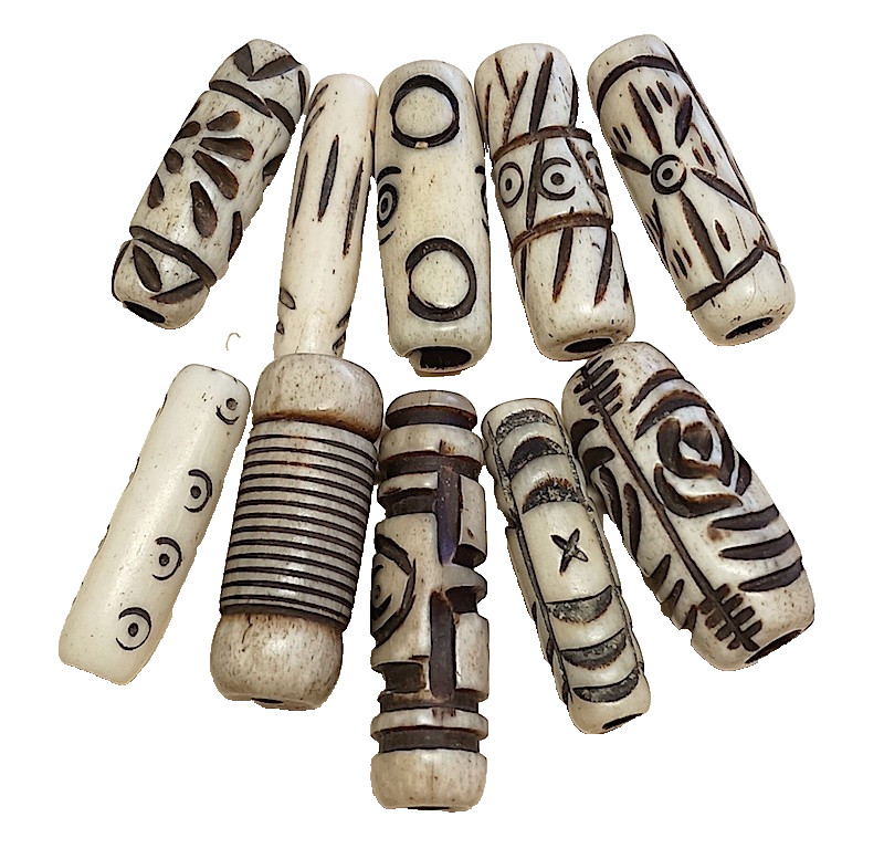 Buffalo Bone Beads, Asst Carved Designs, 8 Pcs, Apprx 23 mm, White, 2.5 mm Holes