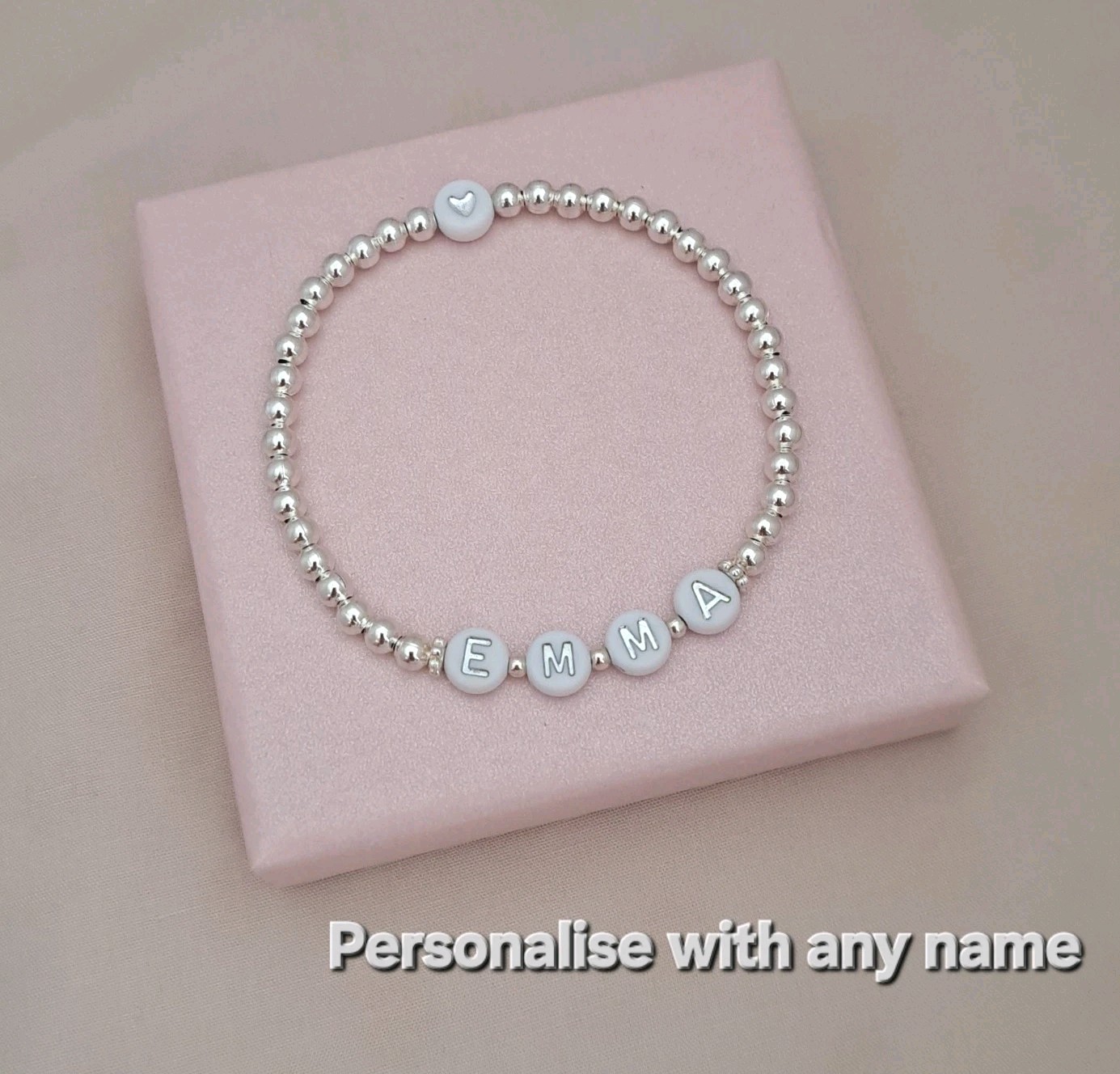 Name or Initial Bracelet Silver Beaded Stretchy Stacking Gift for Women or Kids