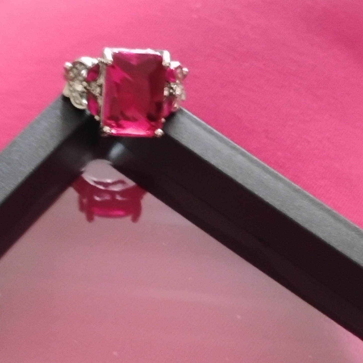 Silver Tone Cocktail Ring Size 7 Emerald Cut Pink Stone Prong Clear Accents