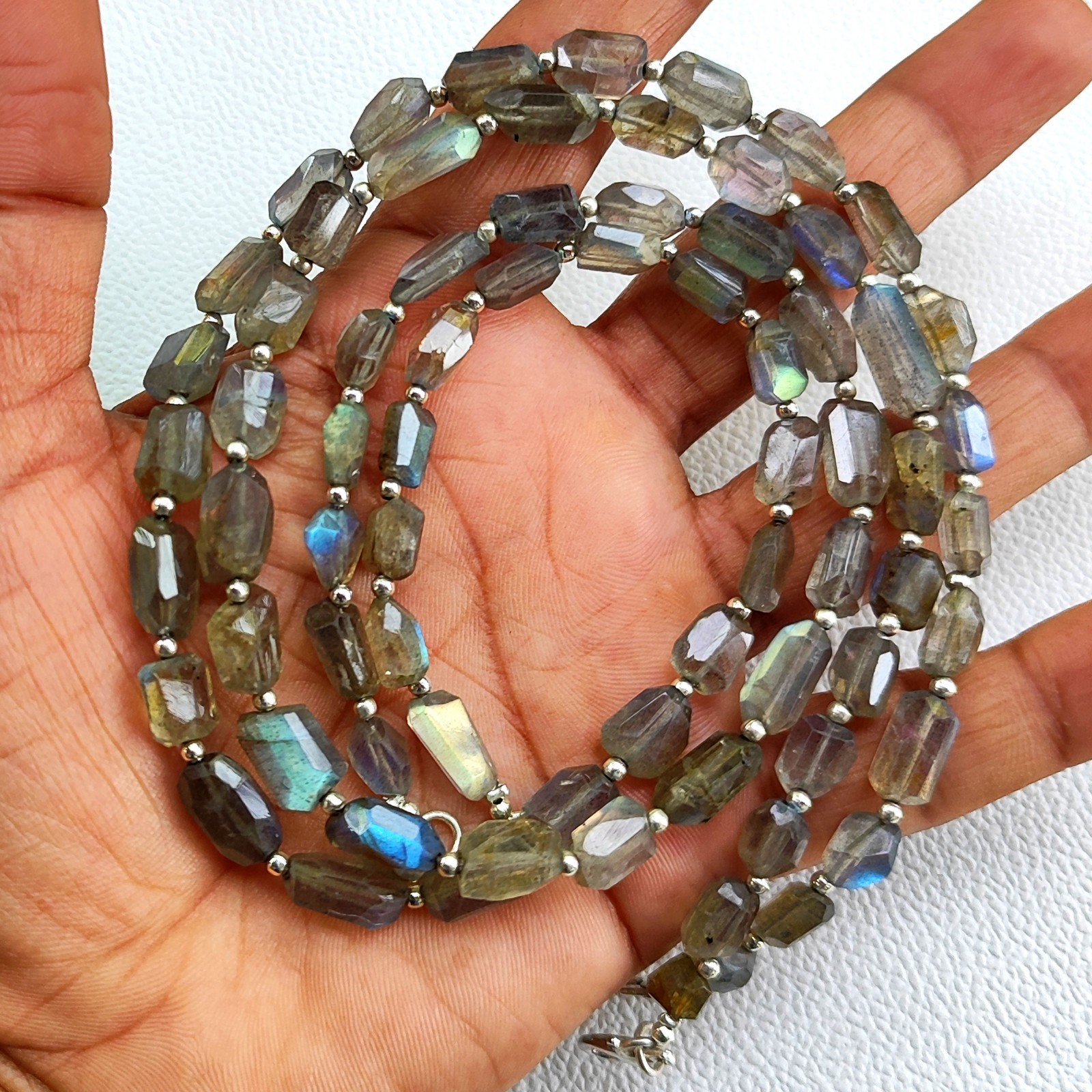 India Rainbow Fire Labradorite 7-11mm Faceted Nugget Beads 17″ Necklace