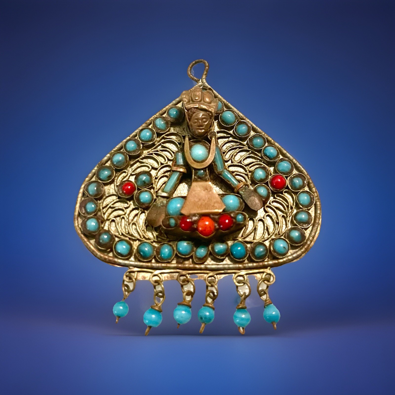 Vintage Boho Nepal Tibetan Godess Buddha Metal Coral Turquoise Glass Pendant