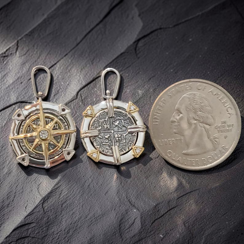 Atocha Compass Reversible Pendant 14k Gold Overlay White Topaz Certificate