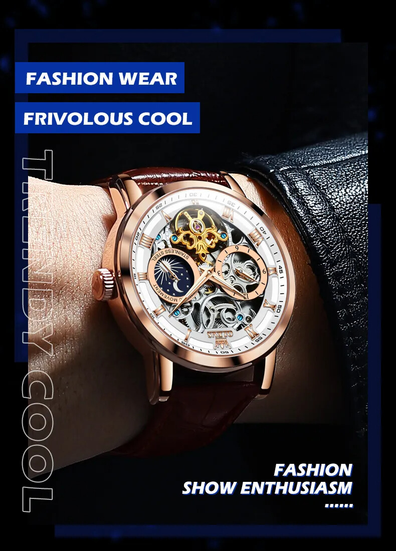 OLEVS Skeleton Self-Wind Automatic Mechanical Men’s Watch Leather Moon Phase
