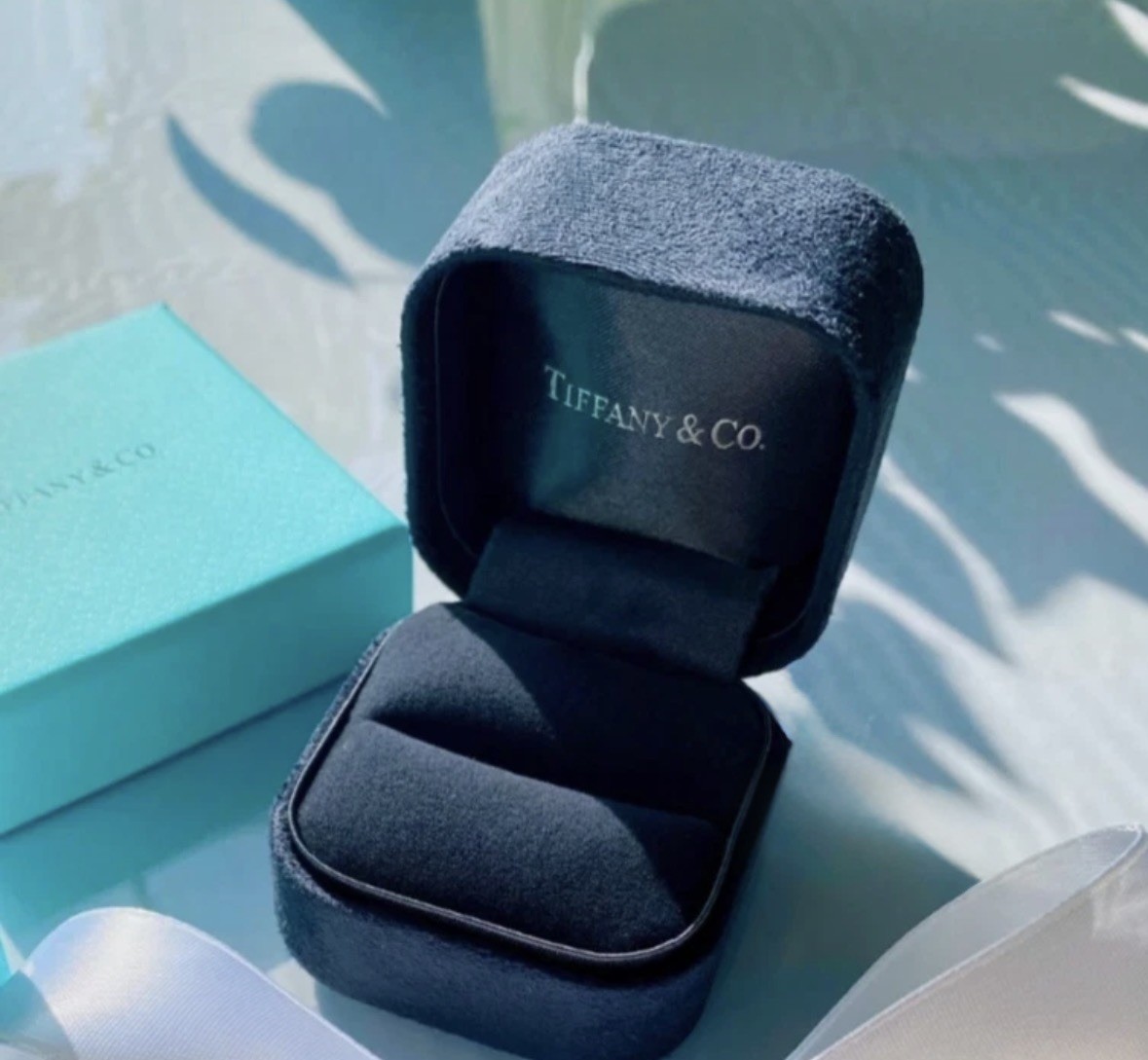 Tiffany 2”x2” Empty Black Suede Presentation jewelry ring box & blue outer box